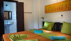 A picture of beds and bathroom in an apartment.